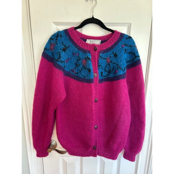 Vtg Manos Del Uruguay Handknit Wool Cardigan Sweater Fuchsia Blue L - Picture 2 of 10